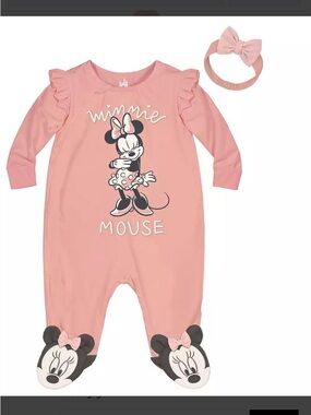 Disney Baby Girls Minnie Mouse Headband & Footed Coverall Set